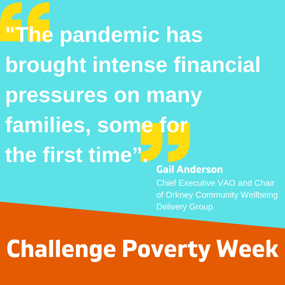 Challenge Poverty Week social media graphic. Quote from Gail Anderson: “The pandemic has brought intense financial pressures on many families, some for the first time”.