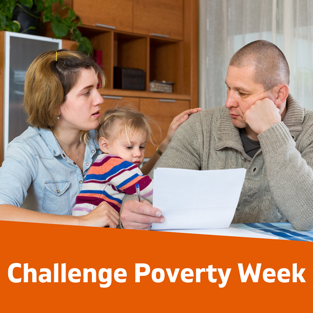 Challenge Poverty Week social media graphic - a family worried about bills