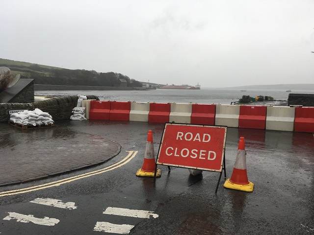 Photo of the flood barriers deployed at St Margarets Hope.