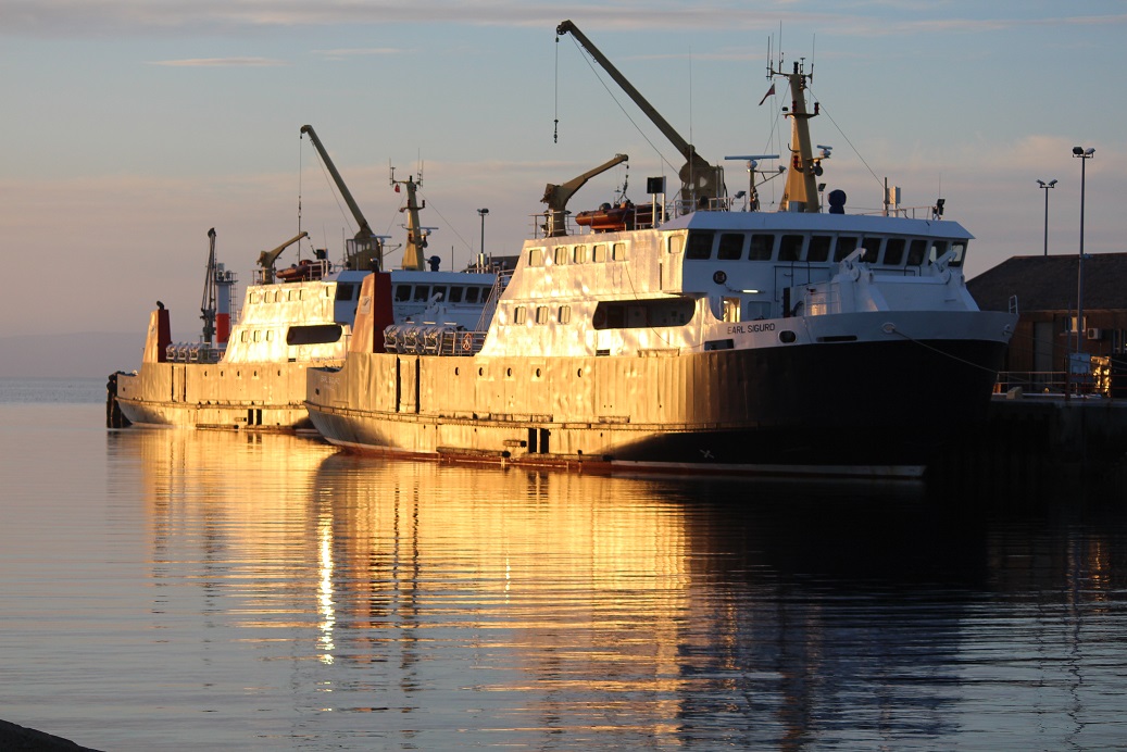 North Isles ferries Earl Sigurd (front) and Earl Thorfinn (rear) tied up at Kirkwall Pier.