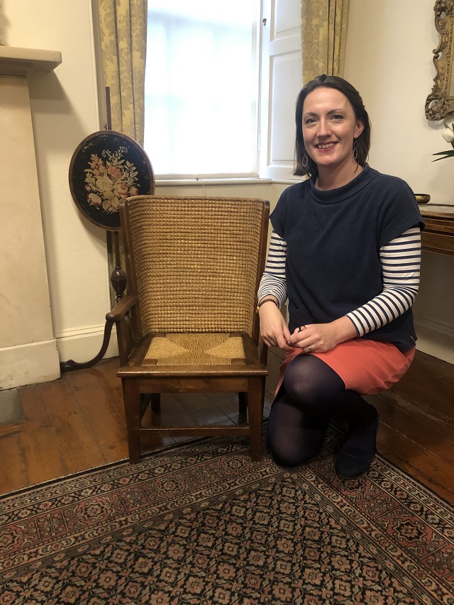 Orkney Museum social history curator Ellen Pesci with the newly acquisitioned Orkney Chair by legendary maker David M Kirkness.