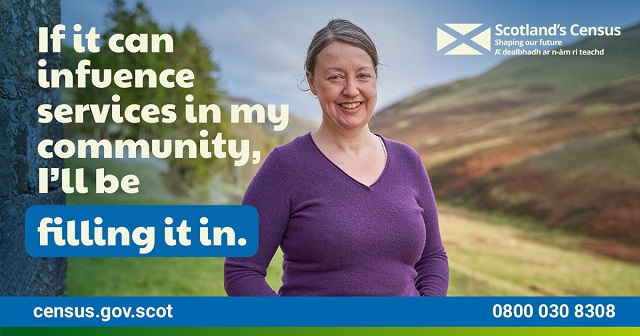 2022 Census Scotland graphic: Photo of woman saying "If it can influence services in my community, I'll be filling it in."