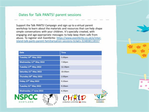 Talk PANTS! parent virtual workshops dates announced
