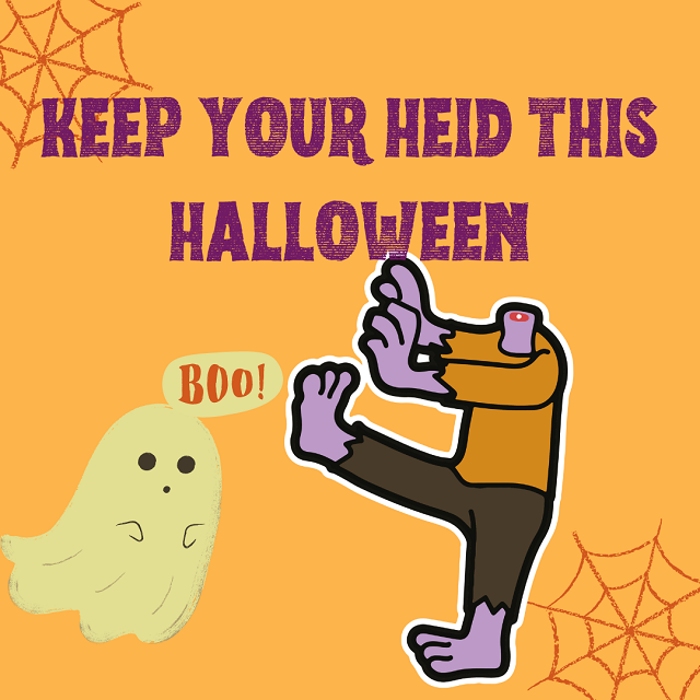 Text - Keep your head this halloween - cartoon graphic of headless figure and ghost