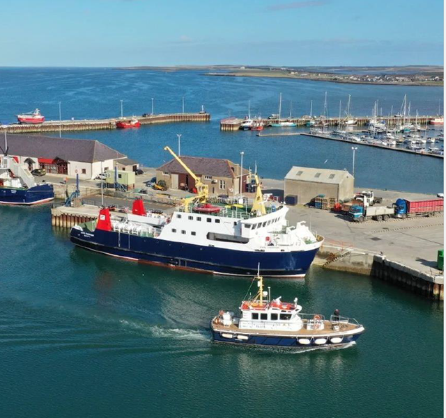 Scene of Kirkwall harbour and Orkney Ferries vessels