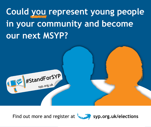 Graphic - silhouette of two young people with Scottish Youth Parliament logo and text: Could you represent young people  in your community and become our next MSYP - Find out more and register at syp.org/elections