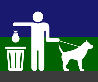 Graphic - dog walker placing bag of dog poop in a bin.