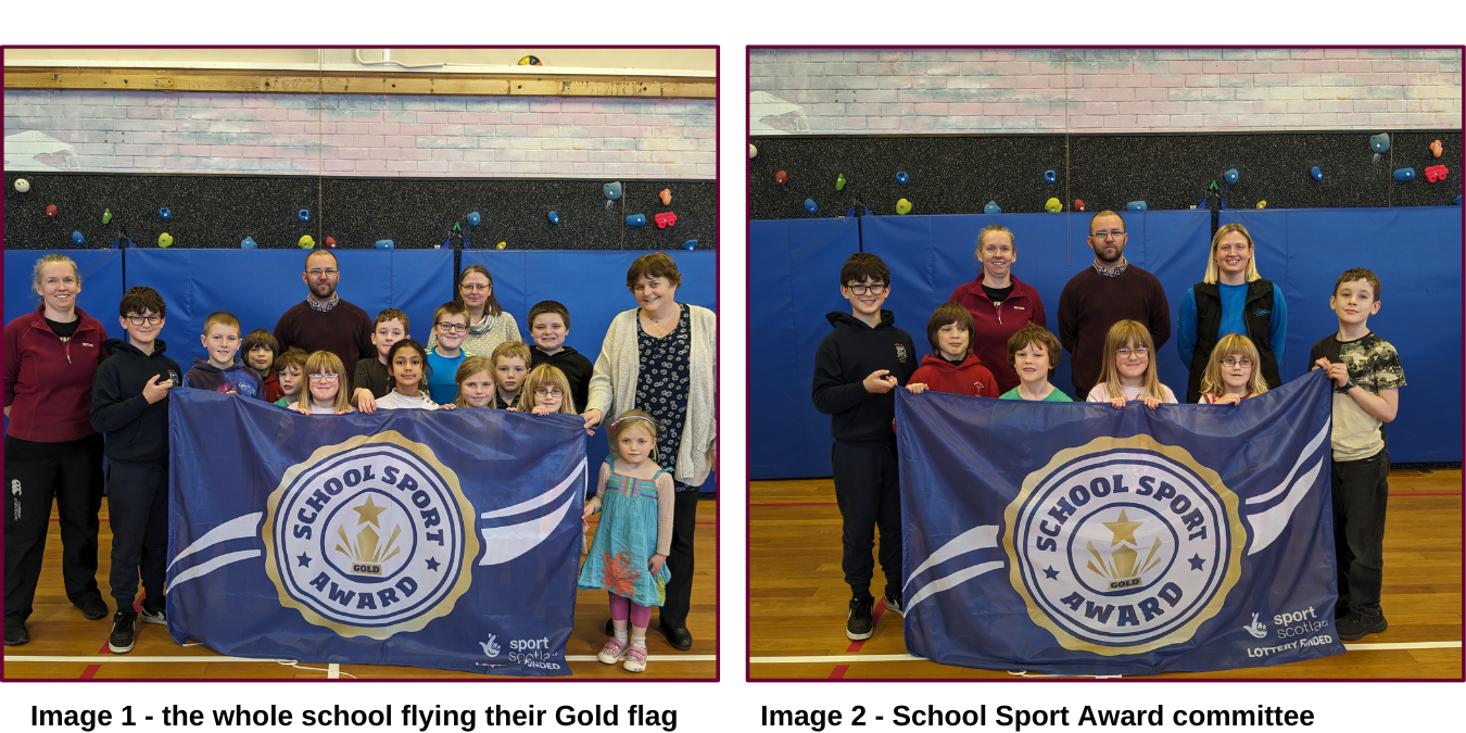 Shapinsay Primary School pupils and helpers flying their Gold School Sport Award flag.