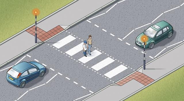 Graphic from the Highway Code showing vehicles waiting as pedestrians use a zebra crossing (from Rule 19 Zebra Crossings)